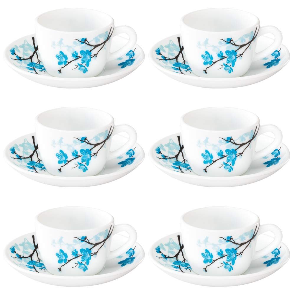Larah by BOROSIL Mimosa Opalware Cup and Saucer Set of 12 Tea/Coffee Cups, 140 ml Each, Microwave & Dishwasher Safe, Bone-Ash Free, Crockery Set Ideal for Daily Use & Gifting, White