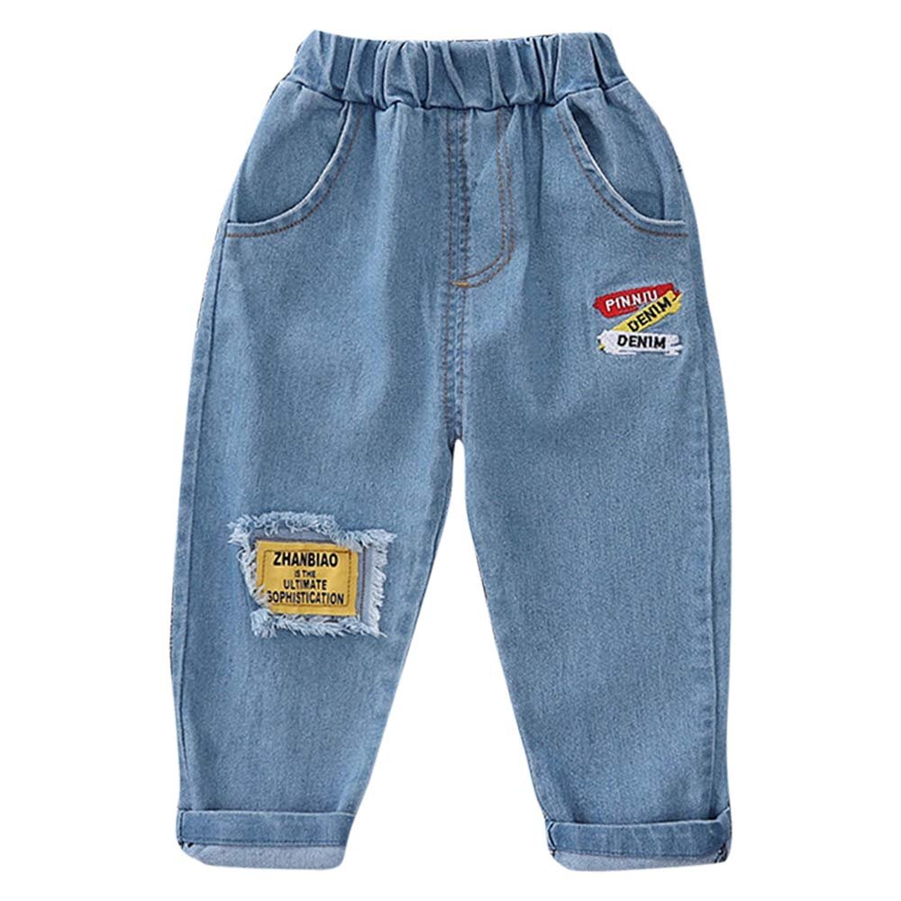 Hopscotch Baby Boys and Baby Girls Cotton and Polyester Applique Solid Text Jeans in Blue Color