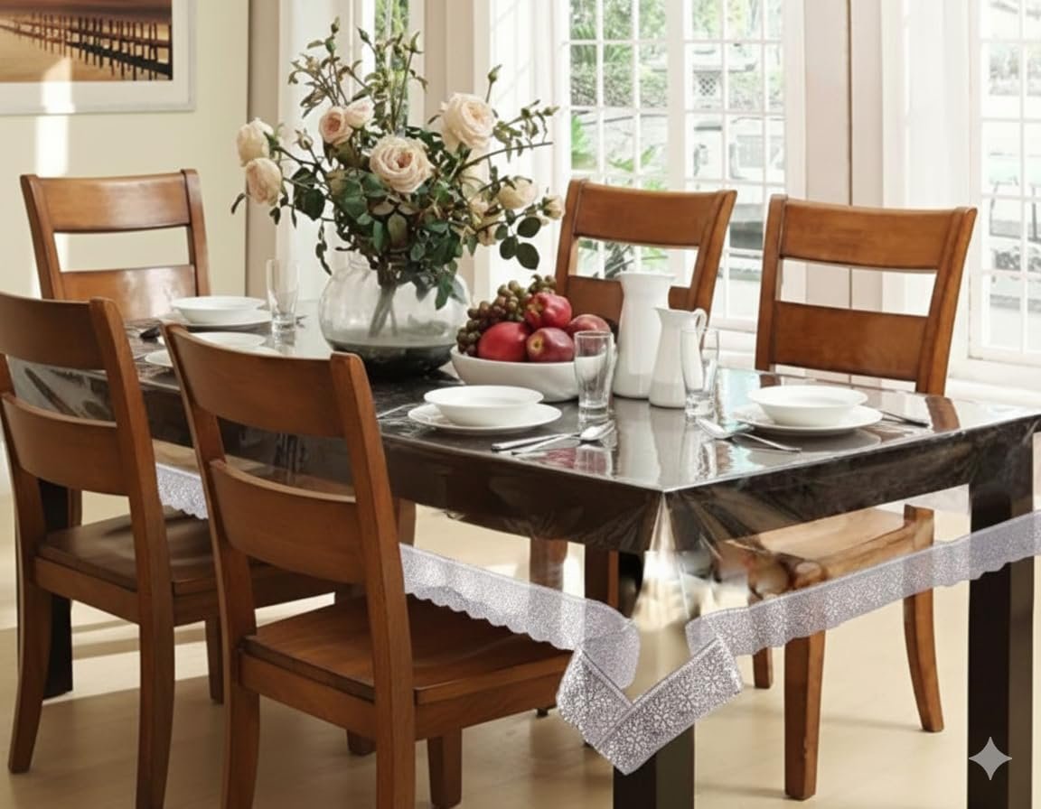 CASA-NEST PVC Thick Transparent 6-8 Seater Table Cover (60x90inch) Rectangular trans003 (Silver Lace)