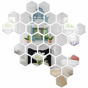 Wall1ders 31-Piece Hexagon with 10 Butterfly Silver Mirror Wall Stickers Self-Adhesive Acrylic Geometric Wall Decals for Modern Home Decor and Living Room DIY (Each Hexagon Size 12 x 10 cm)