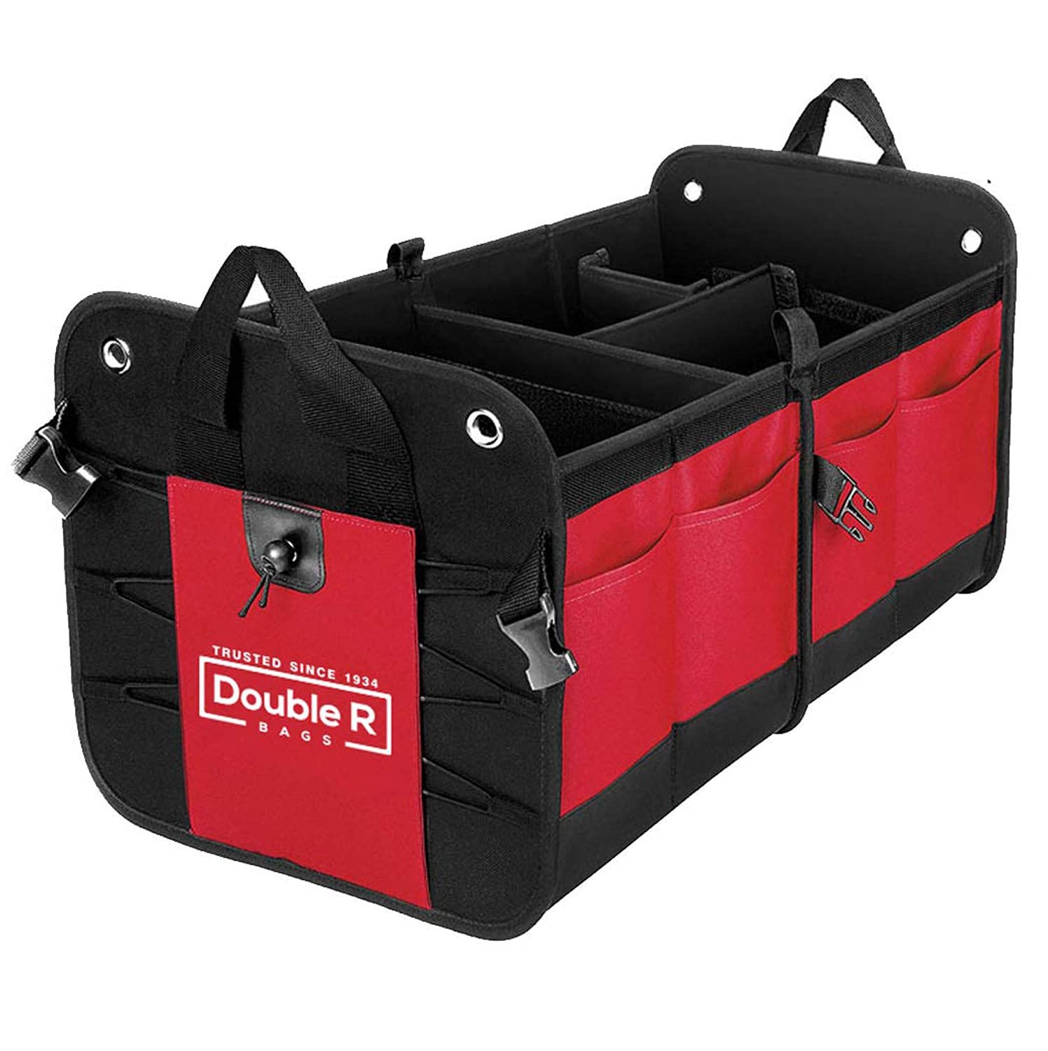 DOUBLE R BAGS Collapsible Car Trunk Organizer with 4 Compartments & 7 Pockets | Heavy Duty Polyester Storage Bag for SUV, Sedan, Minivan, Boot & Garage (Red, 32x60x37 cm)