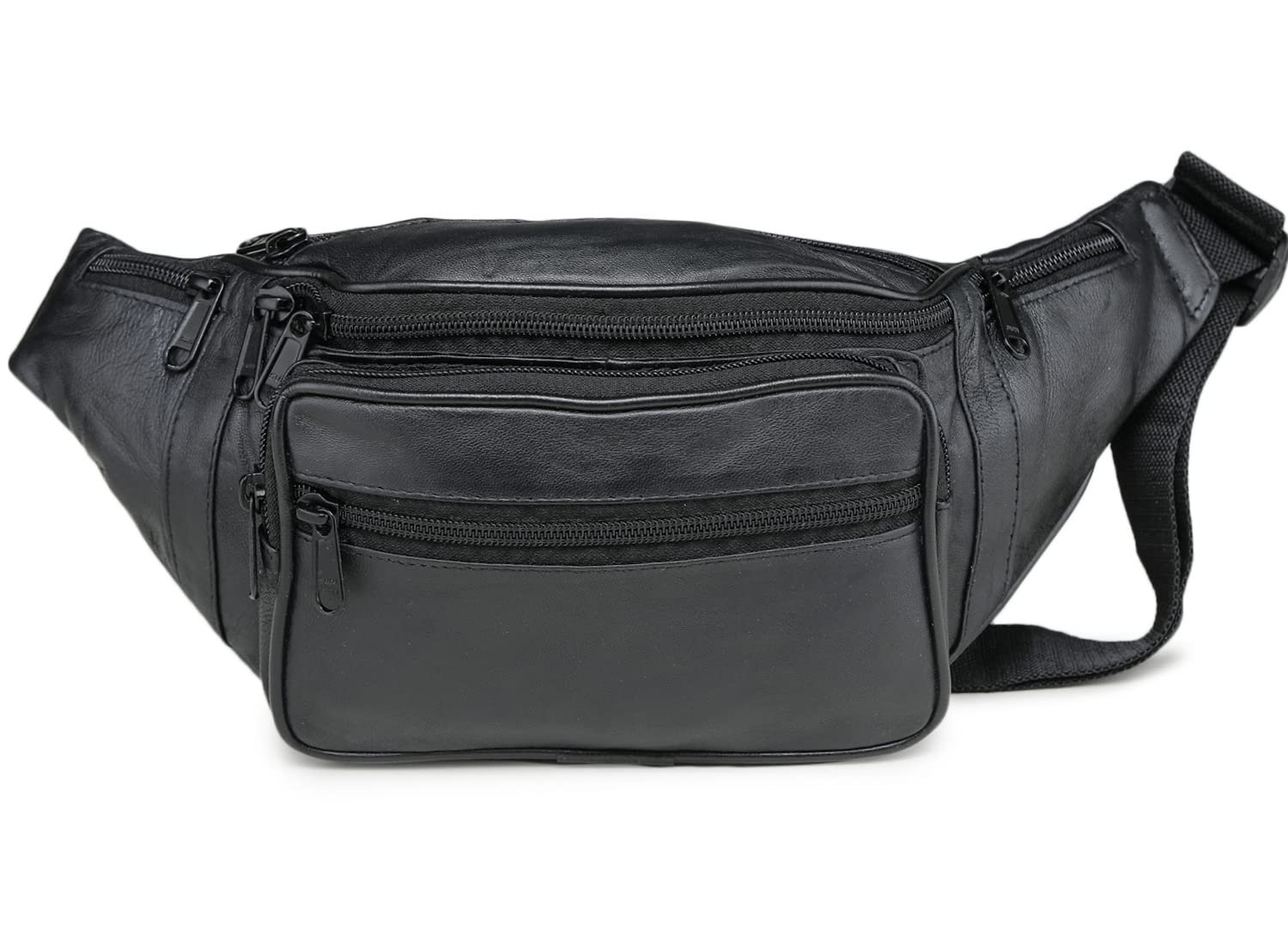 K London Genuine Leather Waist Bag for Men & Women | Black Fanny Pack with Multiple Zipper Pockets | Adjustable Travel Waist Pouch for Passport, Phone & Daily Essentials