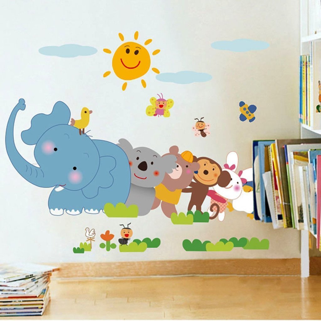Decals Design ‘Jungle Cartoon Cute Animals’ Wall Sticker (PVC Vinyl, 60 cm x 90 cm, Multicolour)