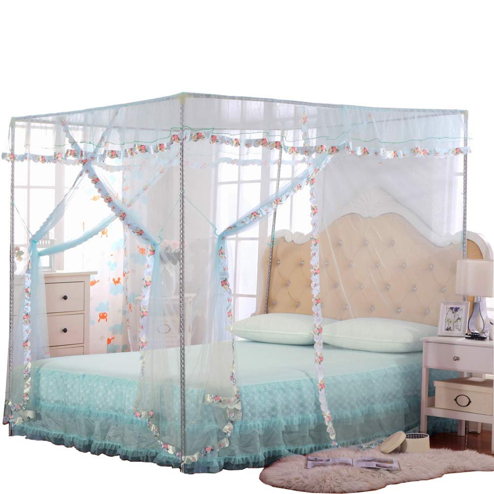 Mosquito Net for Bed – 4 Corner Canopy Curtains for Girls, Kids, Toddlers Crib, Bedroom Decor (Twin Size, Light Blue)