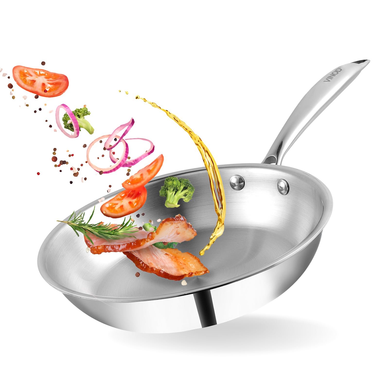 Vinod Platinum Triply Stainless Steel Frying Pan – 2.2 L, 24 cm | 2.5 mm Thick Tri ply Cookware | Heavy-Bottom Frypan for Healthy, Low-Oil Cooking | Induction and Gas Compatible | Scratch Resistant