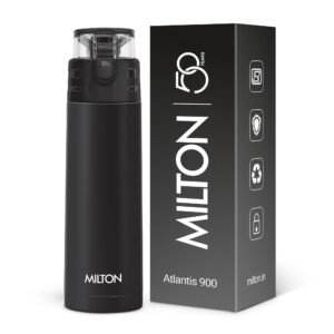 Milton Atlantis 900 Thermosteel Water Bottle 750 ml, 24 Hr Hot and Cold I Leak Proof Lid, ISI Certified I Double Wall Vacuum Insulated Flask for Office, Gym, School, Sports, Travel I Black