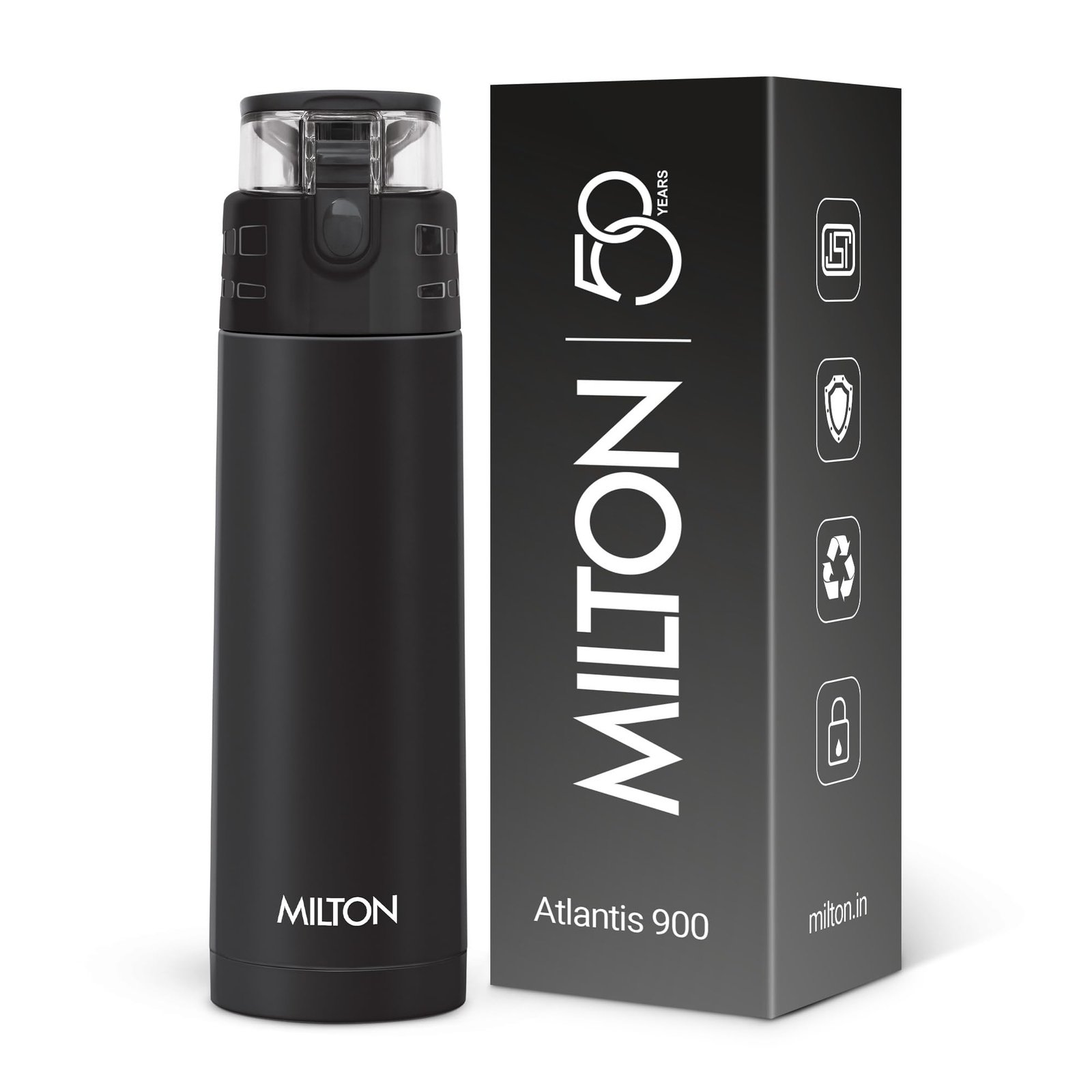 Milton Atlantis 900 Thermosteel Water Bottle 750 ml, 24 Hr Hot and Cold I Leak Proof Lid, ISI Certified I Double Wall Vacuum Insulated Flask for Office, Gym, School, Sports, Travel I Black