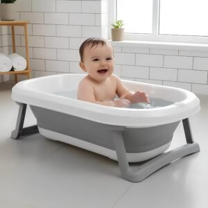 StarAndDaisy Bath Tub for Baby 0-5 Years/Foldable Legs Bath Tub for Kids | with Anti-Slip Safety Pad, Space Saving Design Newborn Baby Folding Bathing Tub Girls & Boys, Easy to Store – Grey