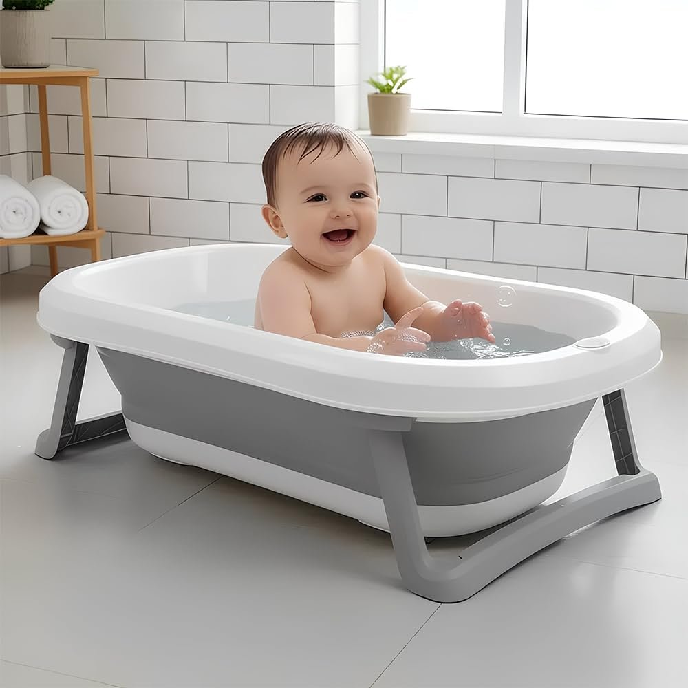 StarAndDaisy Bath Tub for Baby 0-5 Years/Foldable Legs Bath Tub for Kids | with Anti-Slip Safety Pad, Space Saving Design Newborn Baby Folding Bathing Tub Girls & Boys, Easy to Store – Grey