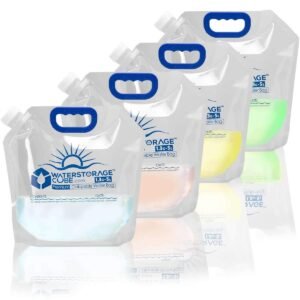 WaterStorageCube Collapsible Water Container Bag, BPA Free Food Grade Clear Plastic Storage Jug for Camping Hiking Backpack Emergency, No-Leak Freezable Foldable Water Bottle 1.3 Gallon 4-Pack