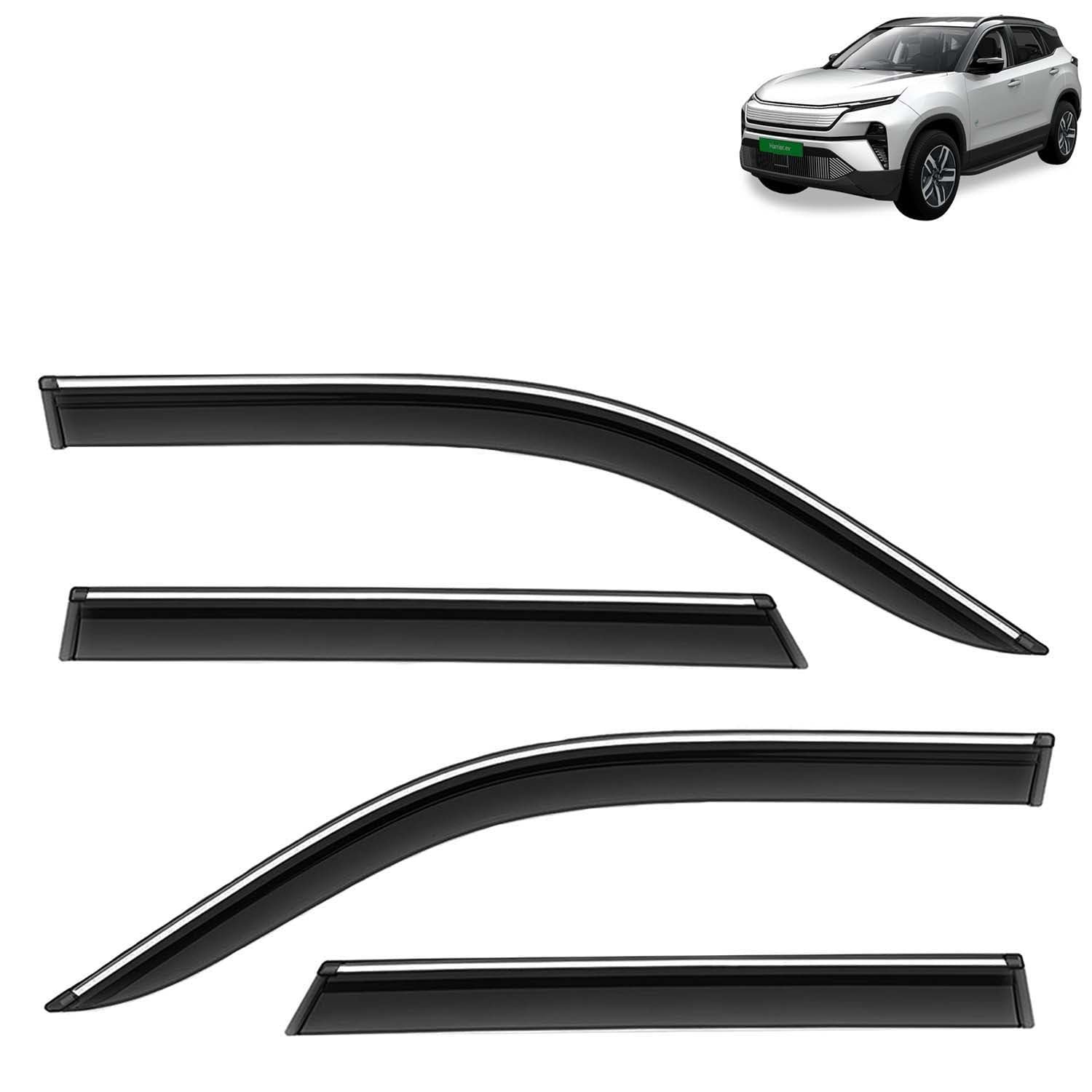 KINGSWAY Accessories Chrome Lining Door Visor Only Compatible with Tata Harrier EV (Year 2025 Onwards) All Model, Premium Chromeline Unbreakable Car Rain Guard Side Rear Wind Deflectors, Set of 4 Pcs