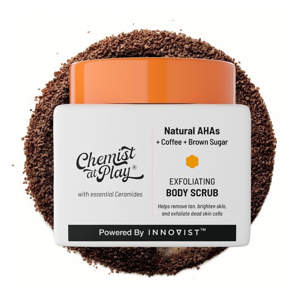 Chemist At Play Exfoliating Body Scrub for Removing Tan & Dead Cells | Rough & Bumpy Texture, Tanned & Pigmented Areas | Smooth, Soft & Bright Care | Natural AHAs | Coffee | For Men & Women | 75g