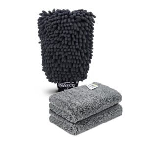 SOFTSPUN Microfiber Single Side 1 Piece Chenille Glove,1700 GSM Grey+20X30cm Cleaning Wipe 2Pcs | Multi-Purpose Super Absorbent and Perfect Wash Cleaning for Bike Auto,Cars Both Interior and Exterior