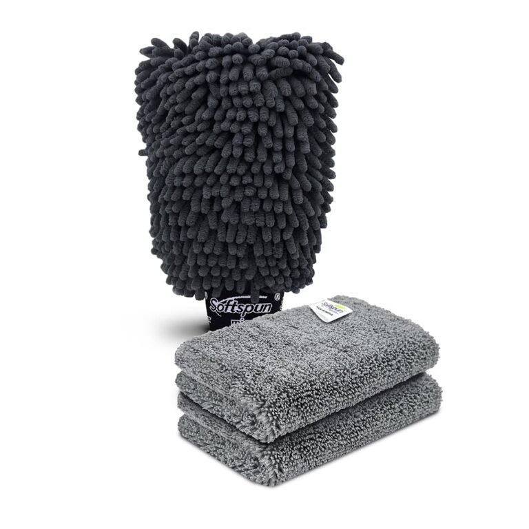 SOFTSPUN Microfiber Single Side 1 Piece Chenille Glove,1700 GSM Grey+20X30cm Cleaning Wipe 2Pcs | Multi-Purpose Super Absorbent and Perfect Wash Cleaning for Bike Auto,Cars Both Interior and Exterior