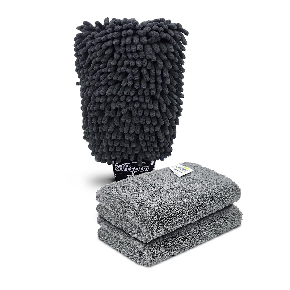 SOFTSPUN Microfiber Single Side 1 Piece Chenille Glove,1700 GSM Grey+20X30cm Cleaning Wipe 2Pcs | Multi-Purpose Super Absorbent and Perfect Wash Cleaning for Bike Auto,Cars Both Interior and Exterior