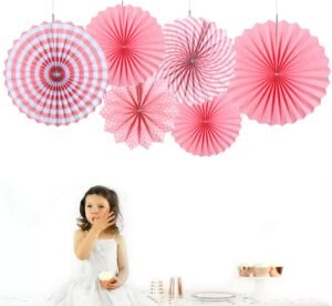 AMFIN® Western Printed Paper Fan Decoration (Polka Dots Stripes Printed) Trend Party Fan for Wedding Birthday Showers – Pink (Pack of 6)