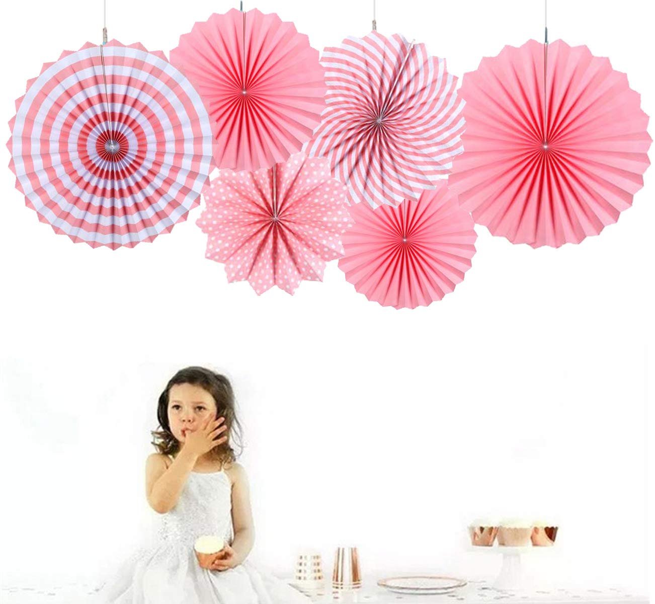 AMFIN® Western Printed Paper Fan Decoration (Polka Dots Stripes Printed) Trend Party Fan for Wedding Birthday Showers – Pink (Pack of 6)