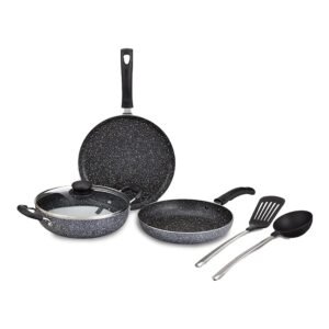 Amazon Brand – Solimo 6 Piece Non-Stick Cookware Set | Granite Finish | Induction Base | PFOA Free | HTR Exterior Coating | 25cm Tawa, 22 cm Kadai, 22cm Fry Pan, 1 Glass Lid & 2 Nylon Spatulas | Grey