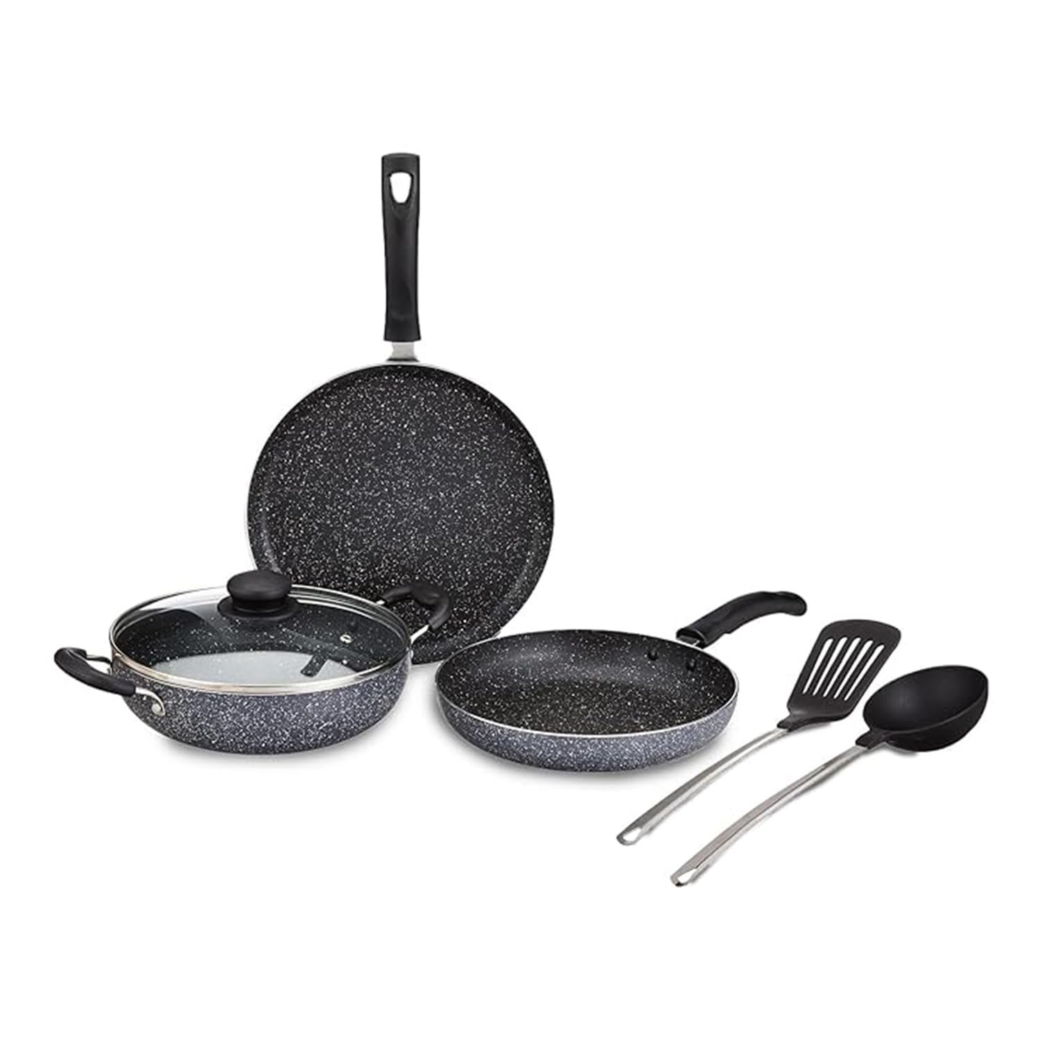 Amazon Brand – Solimo 6 Piece Non-Stick Cookware Set | Granite Finish | Induction Base | PFOA Free | HTR Exterior Coating | 25cm Tawa, 22 cm Kadai, 22cm Fry Pan, 1 Glass Lid & 2 Nylon Spatulas | Grey