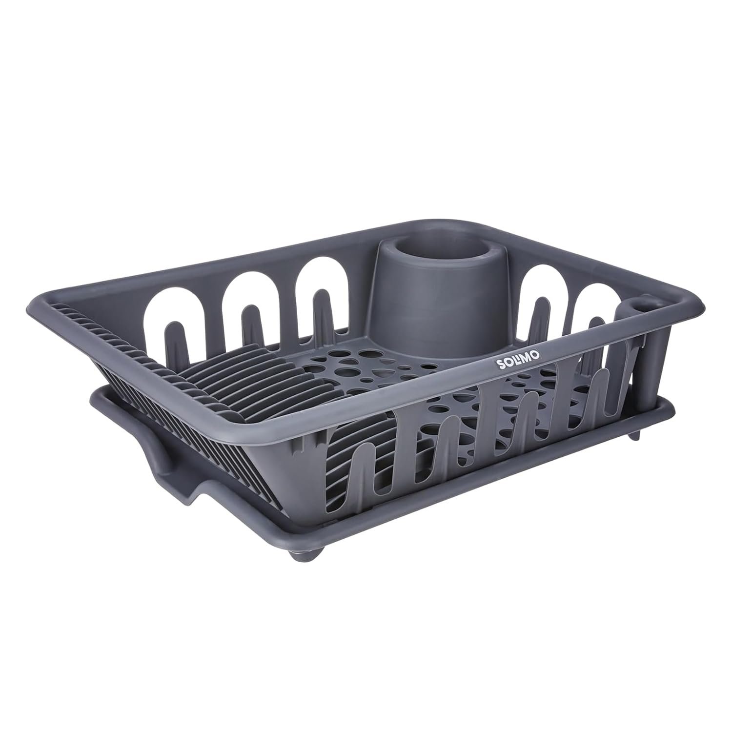 Amazon Brand – Solimo Plastic Kitchen Sink Rack with Drainage Tray | Large | Dish Rack Organiser | 48 x 35.5 x 13 Cm | Grey