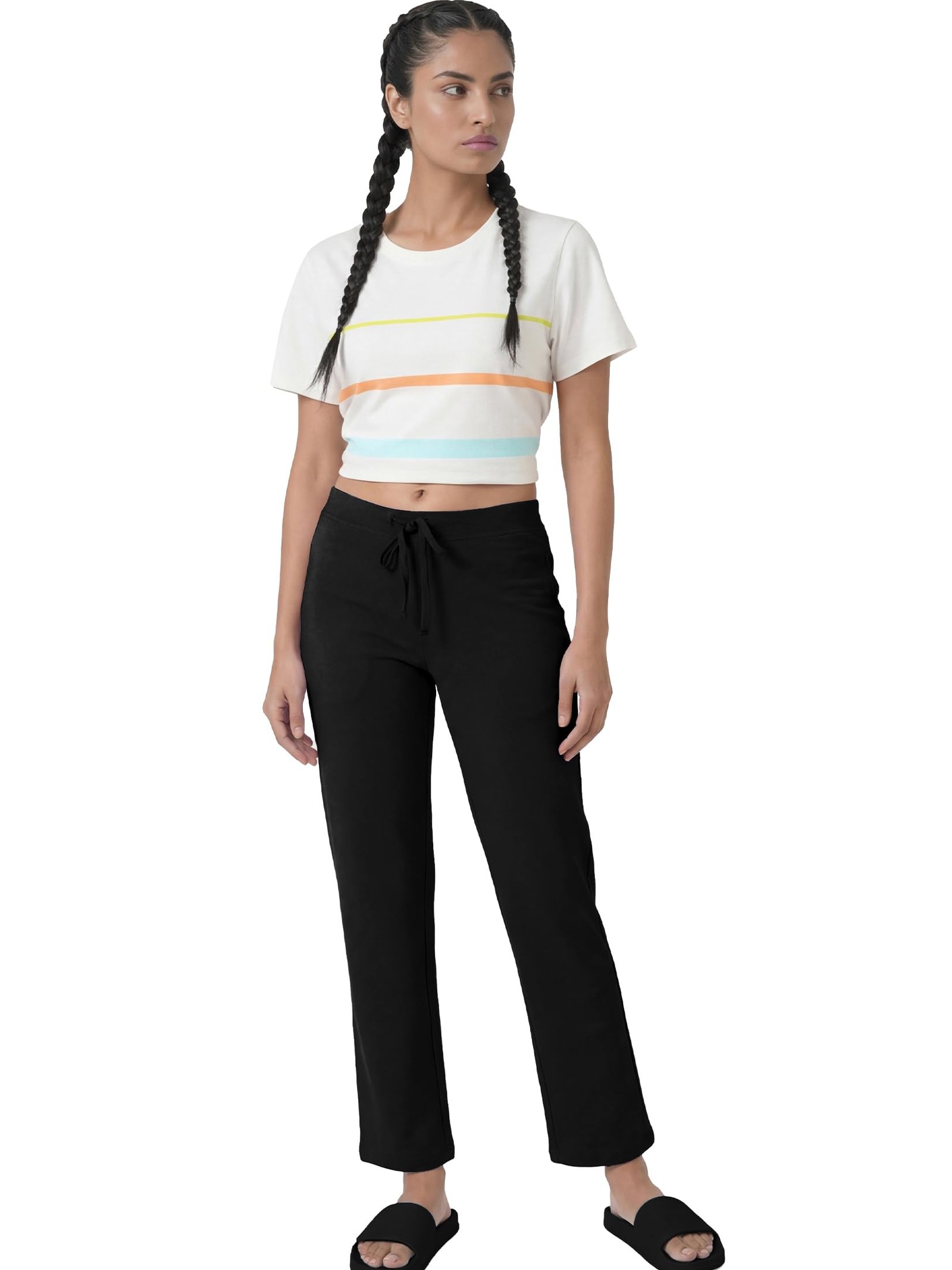 Enamor Mid Rise Regular Length Drawstring Closure Lounge Pants for Women – Slim Fit, Soft and Breathable Stretch Cotton – E014