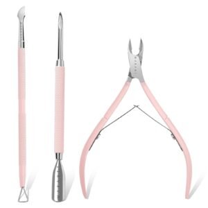 Makartt Cuticle Trimmer with Cuticle Pusher, 3 PCS Pink Nail Cuticle Nipper Professional Pedicure Manicure Tools with Stainless Steel Dual End Pusher, Nail Scraper (Cuticle Tools-3pcs)