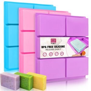 Silicone Soap Molds Set of 3, 6 Cavities Rectangle Silicone Soap Molds for Homemade Craft Soap Mold, Cake Mold, Chocolate Mold ＆ Ice Cube Tray（Blue & Purple ＆ Pink）