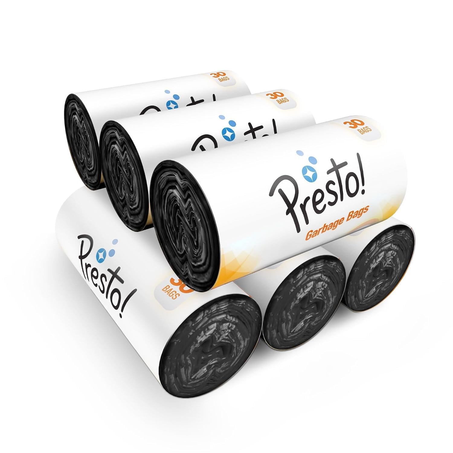 Amazon Brand – Presto! Garbage Bags | Medium | 180 Count | 30 Bags X 6 Rolls | 19 X 21 Inches | For Dry & Wet Waste | Black