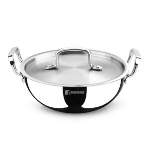 BERGNER TriPro Tri-Ply Stainless Steel 26cm (3.7L) Deep Kadai/Kadhai with Stainless Steel Lid, Durable Stay Cool Handles, Healthy Cooking, Less Oil Use, Easy to Clean – Induction and Gas Stove Ready