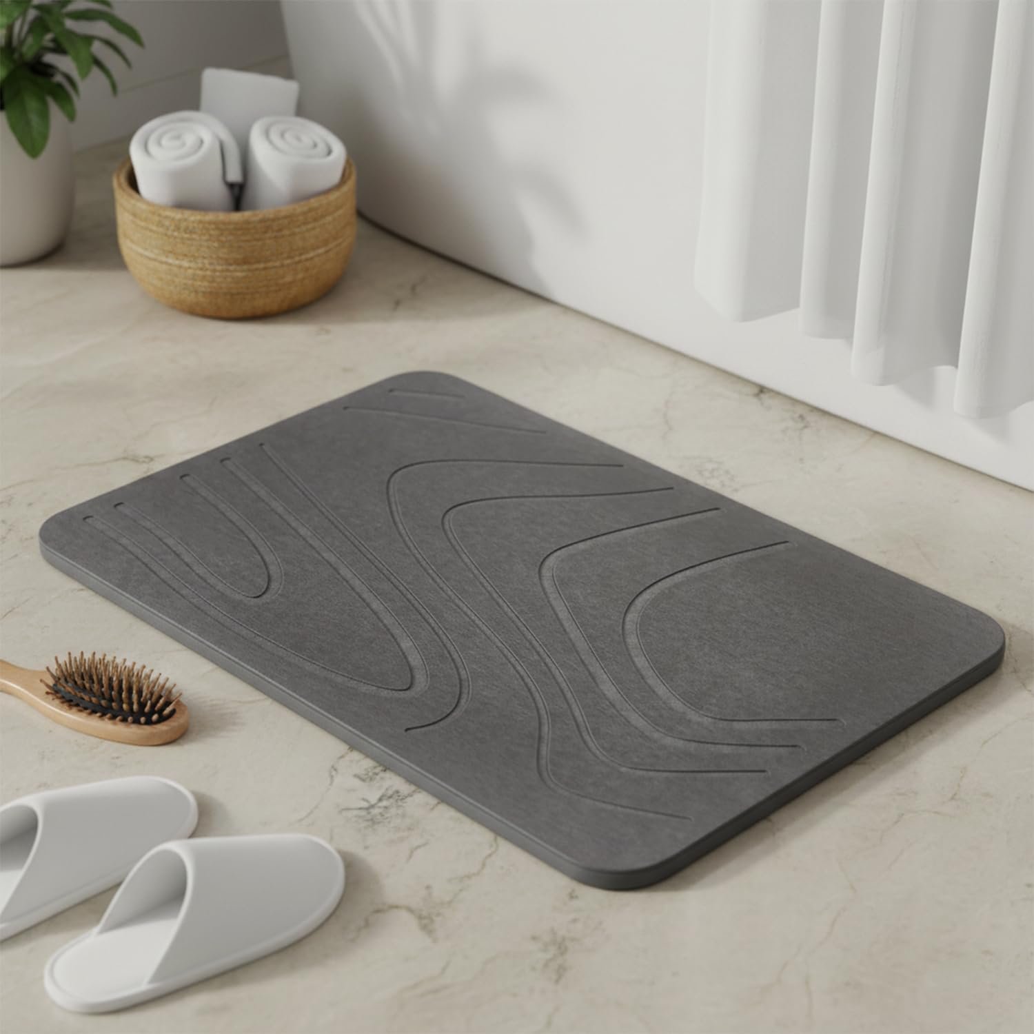 Amazon Basics – Diatomite Stone Bath Mat | 60 L × 39 W × 0.9 H cm | Quick-Dry, Anti-Slip | Grey | Hard Surface for Bathroom, Kitchen, Entryway | Includes Sandpaper