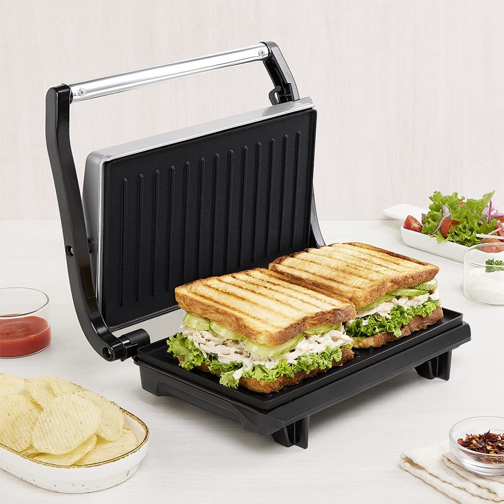 Borosil Grill Sandwich Maker | Can Make 2 Large Sandwich | Made in India, BIS Approved | Nonstick Coated Plates, Even Grilling | Cool Touch Handle | Indicator Light | 2 Years Warranty (Prime Grill)