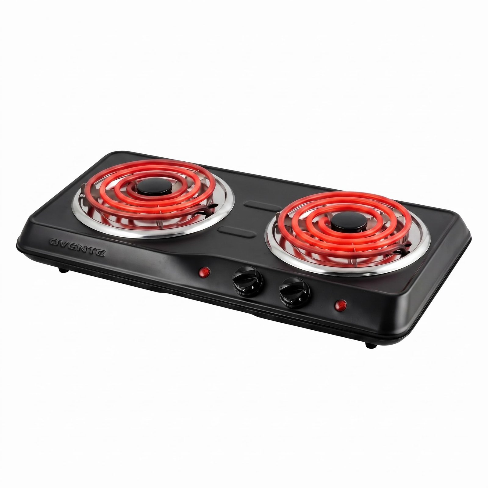 OVENTE BGC102B Countertop Electric Double Burner with Adjustable Temperature Control, 6.0 & 5.7 Inch, Metal Housing, Indicator Light, Black