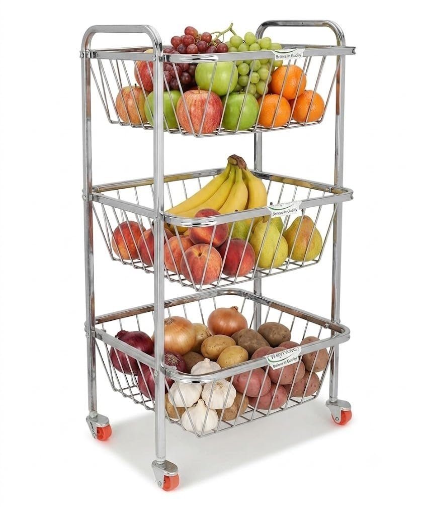 WayMore® Stainless Steel 3-Tier Rack Fruits & Vegetable Onion Trolley Container Basket Organizer Organiser Holder Stand for Kitchen with Wheel (3 Layer Trolley)