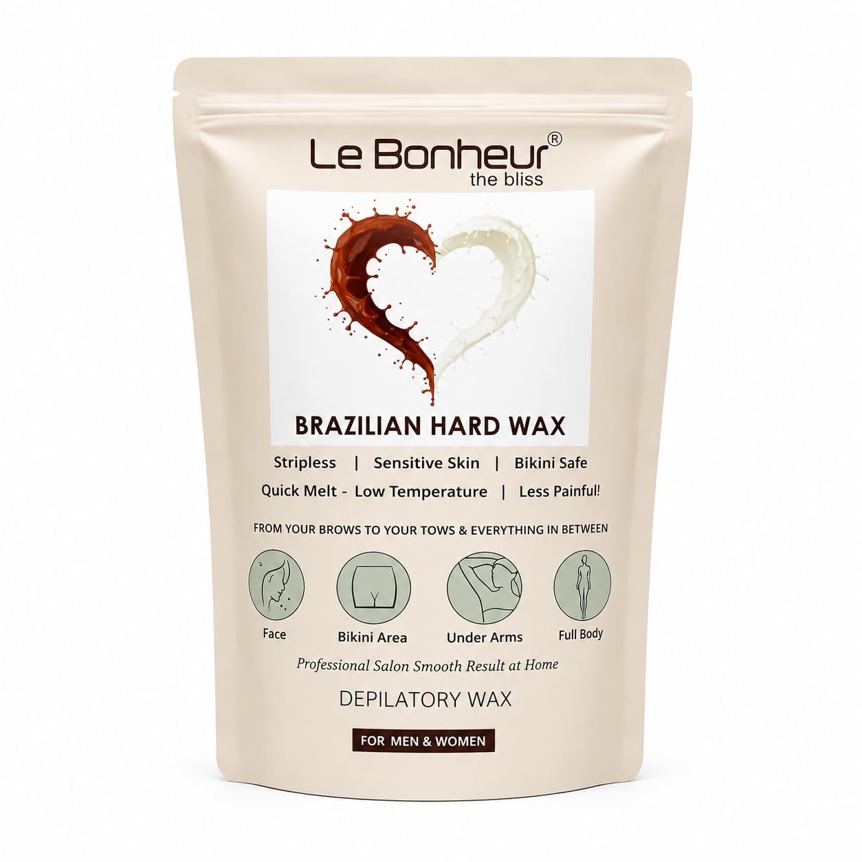 Le Bonheur Stripless Brazilian Liposoluble Wax | Removes hair from the root with minimal breakage | Face – Upper Lips – Bikini Line – Underarms | Men & Women | 250gm