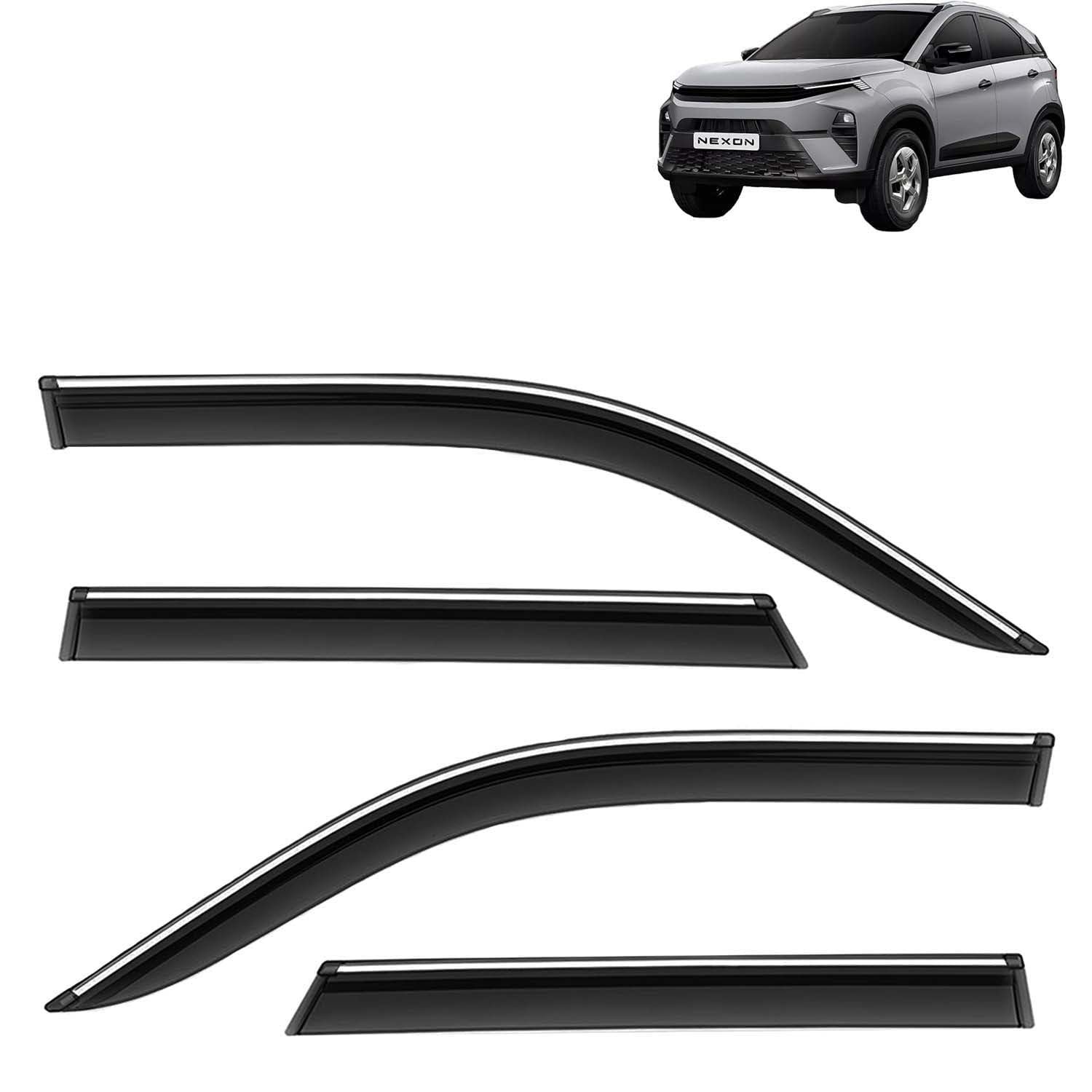 KINGSWAY Accessories Chrome Lining Door Visor Only Compatible with Tata Nexon (Year 2023 Onwards) All Model, Premium Chromeline Unbreakable Car Rain Guard Side Rear Wind Deflectors, Set of 4 Pcs