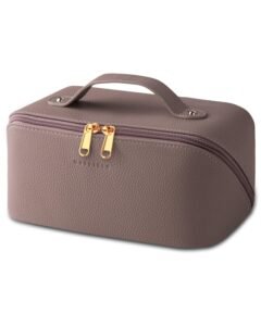 Batfield Cosmetic Bag For Women,Litchi Pu Leather Makeup Pouch For Women,Large Capacity Cosmetic Travel Bag,Portable Makeup Kit Storage Bag With Handle And Divider,Makeup Organizer Bag (Pink),12 cm