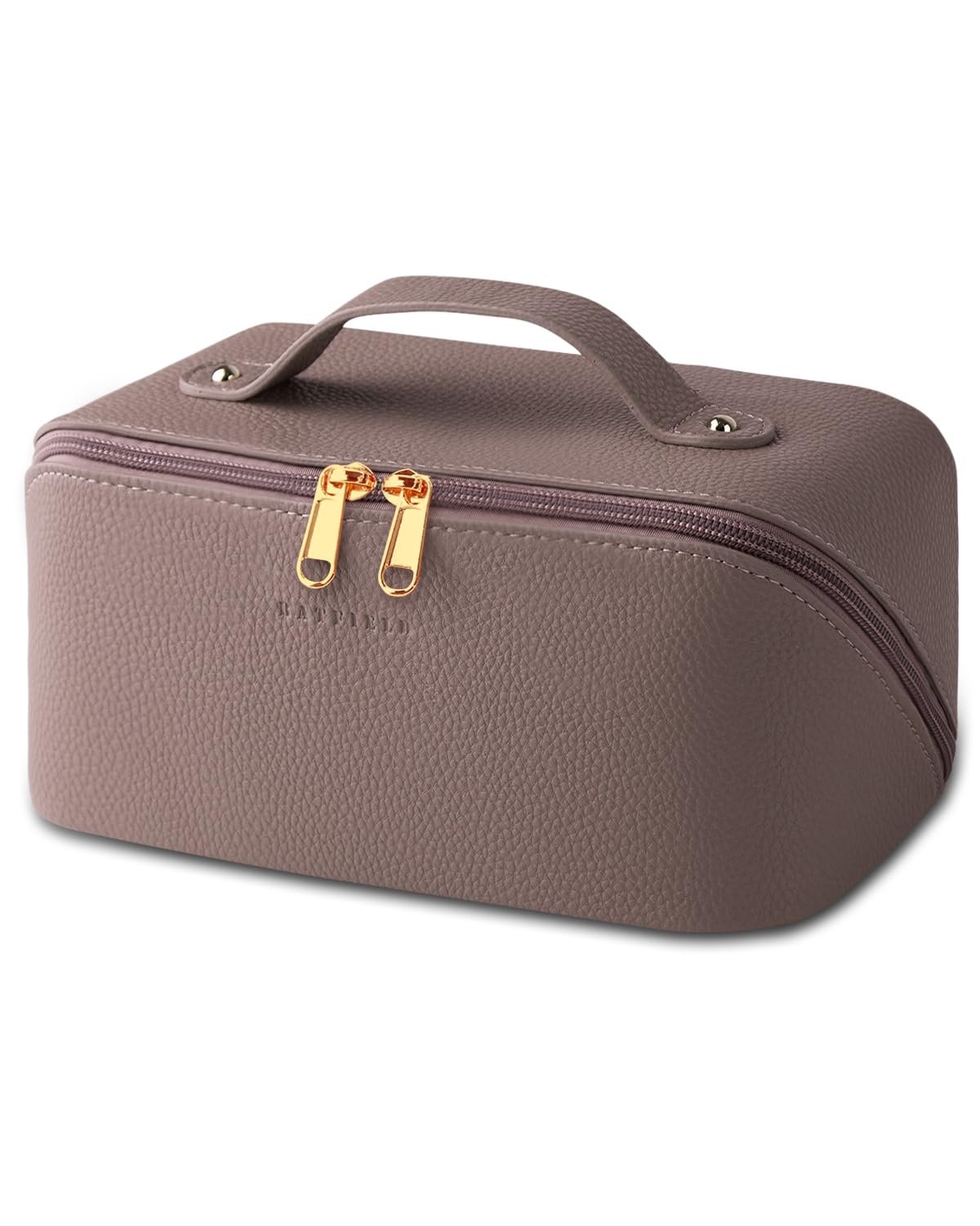 Batfield Cosmetic Bag For Women,Litchi Pu Leather Makeup Pouch For Women,Large Capacity Cosmetic Travel Bag,Portable Makeup Kit Storage Bag With Handle And Divider,Makeup Organizer Bag (Pink),12 cm