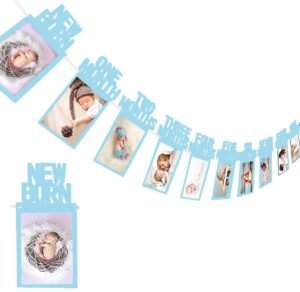 AMFIN® New Born 1st Birthday Baby Photo Banner Blue/Growth Record 1-12 Months/Monthly Milestone Photo Bunting Wreath, First Birthday Party Decoration – Blue