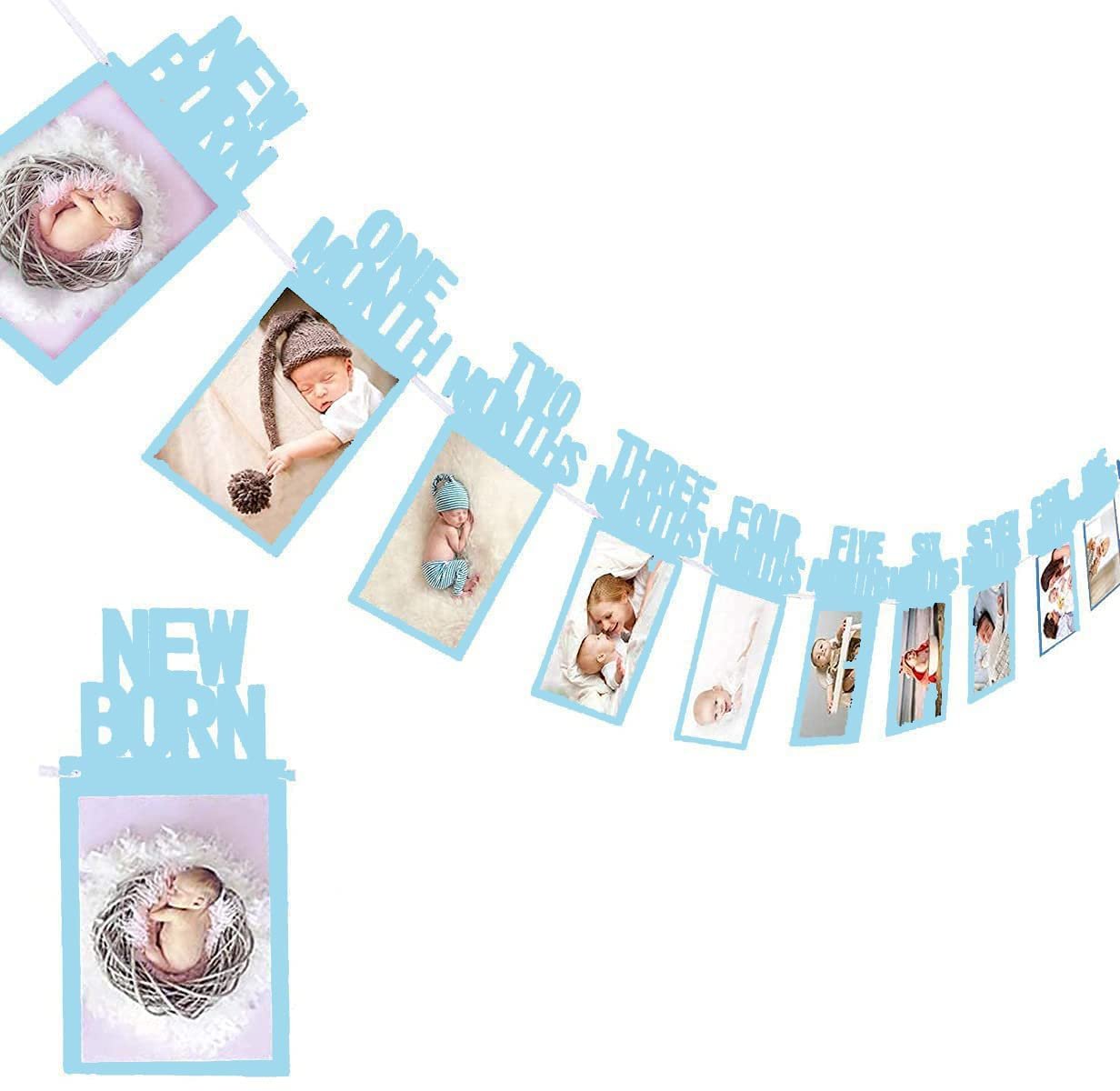 AMFIN® New Born 1st Birthday Baby Photo Banner Blue/Growth Record 1-12 Months/Monthly Milestone Photo Bunting Wreath, First Birthday Party Decoration – Blue