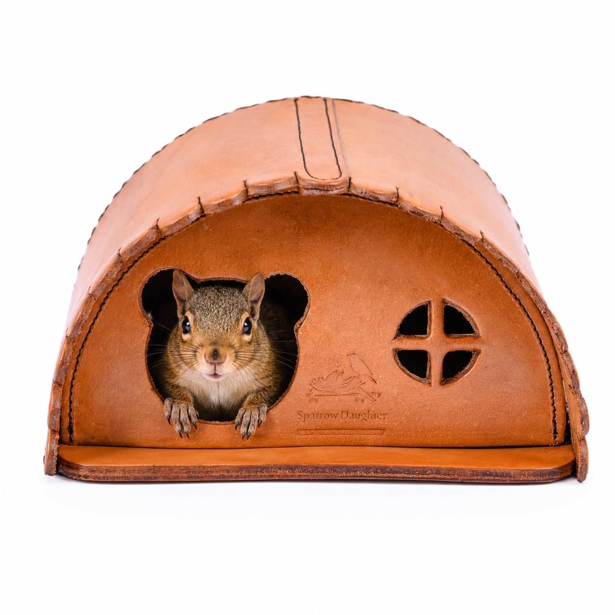 SparrowDaughter’s Leather Squirrel House for Outdoors, Garden, Backyard, Small Animals Habitat for Chinchilla, Suger Glidder,mice Squirrel with Poles, Squirrel Nest & Feeder,Natural Color