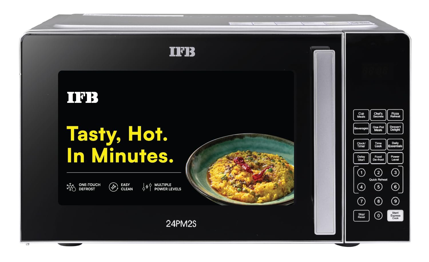 IFB 24L Solo Microwave Oven with 69 Auto Cook Menus (24PM2S, Silver, Mug Recipes, Steam Clean, Auto Reheat, Preset Timer, Power Save, Child Safety Lock, 10 Power Levels)