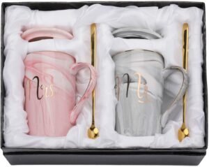 CPENSUS Ceramic Marble Finish Coffee Mug With Lid & Spoon For Anniversary Wedding Engagement Valentine Gifts For Couple 380 ML