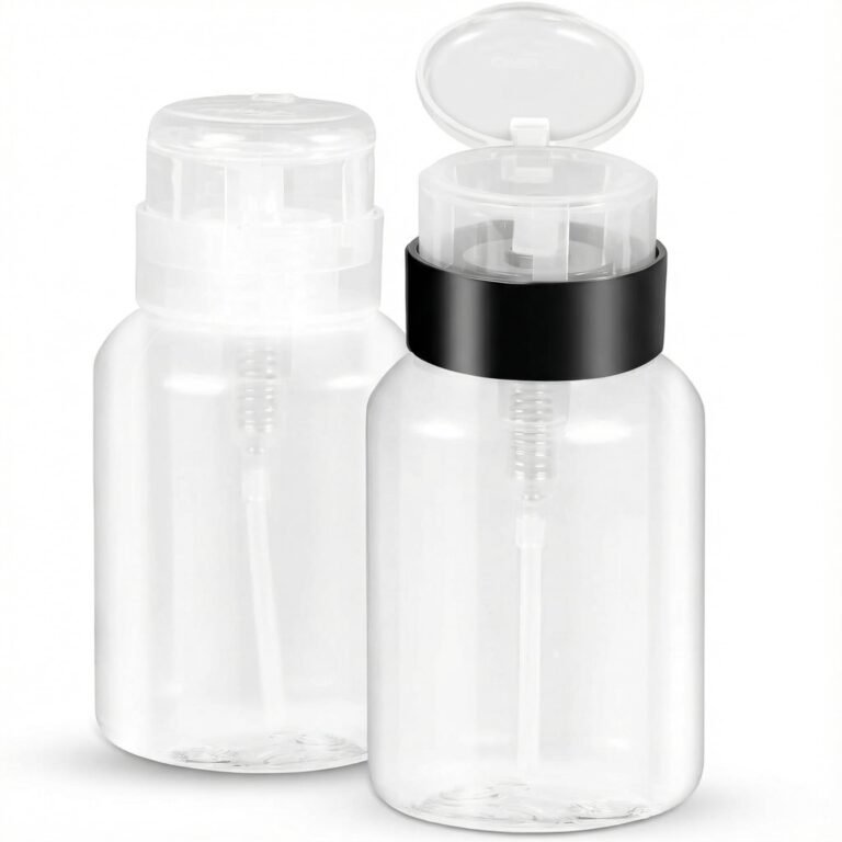 Plastic Pack Of 2 Push Down Empty Lockable Pump Dispenser Bottle For Nail Polish And Makeup Remover,200Ml(6.8Oz),Black Top Cap