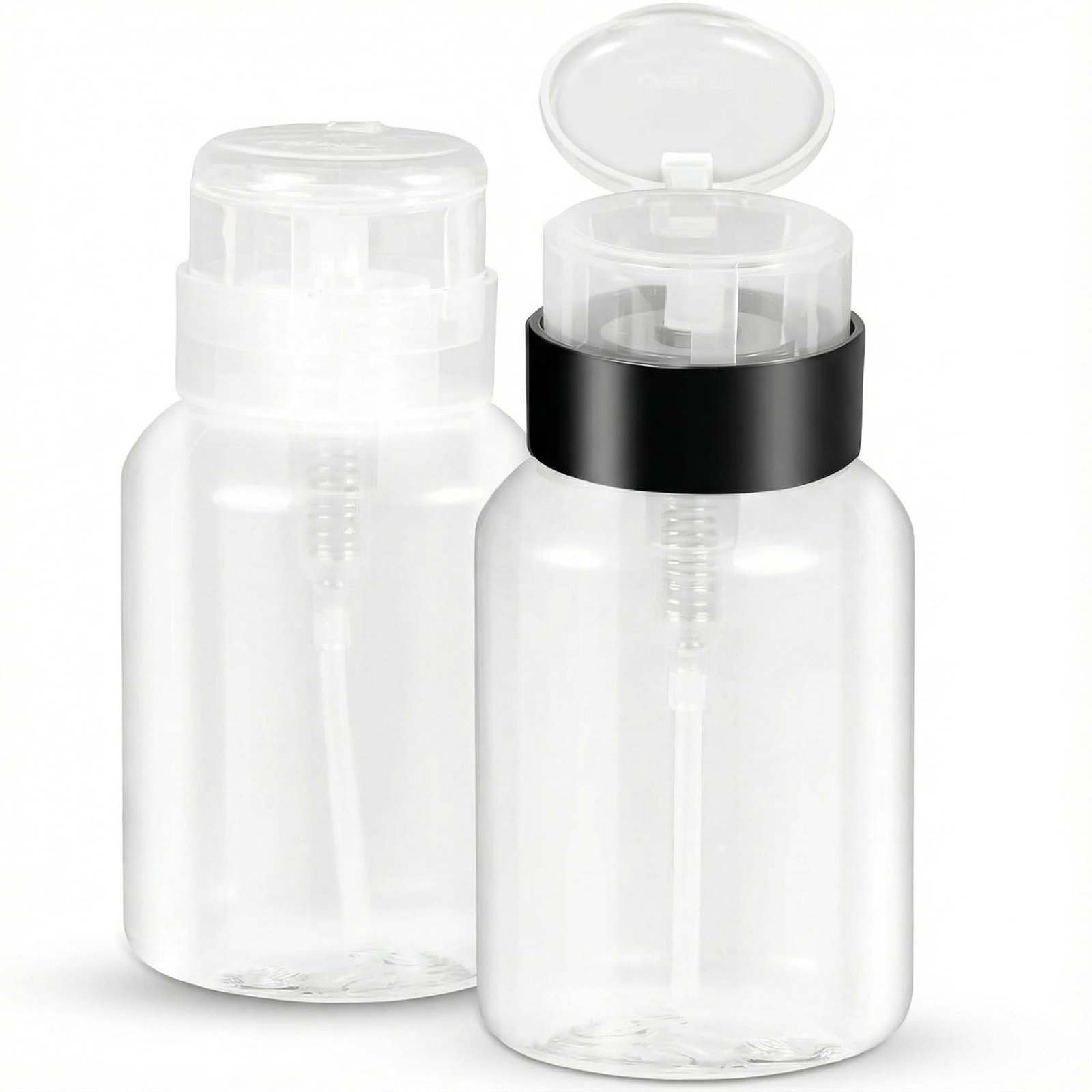 Plastic Pack Of 2 Push Down Empty Lockable Pump Dispenser Bottle For Nail Polish And Makeup Remover,200Ml(6.8Oz),Black Top Cap