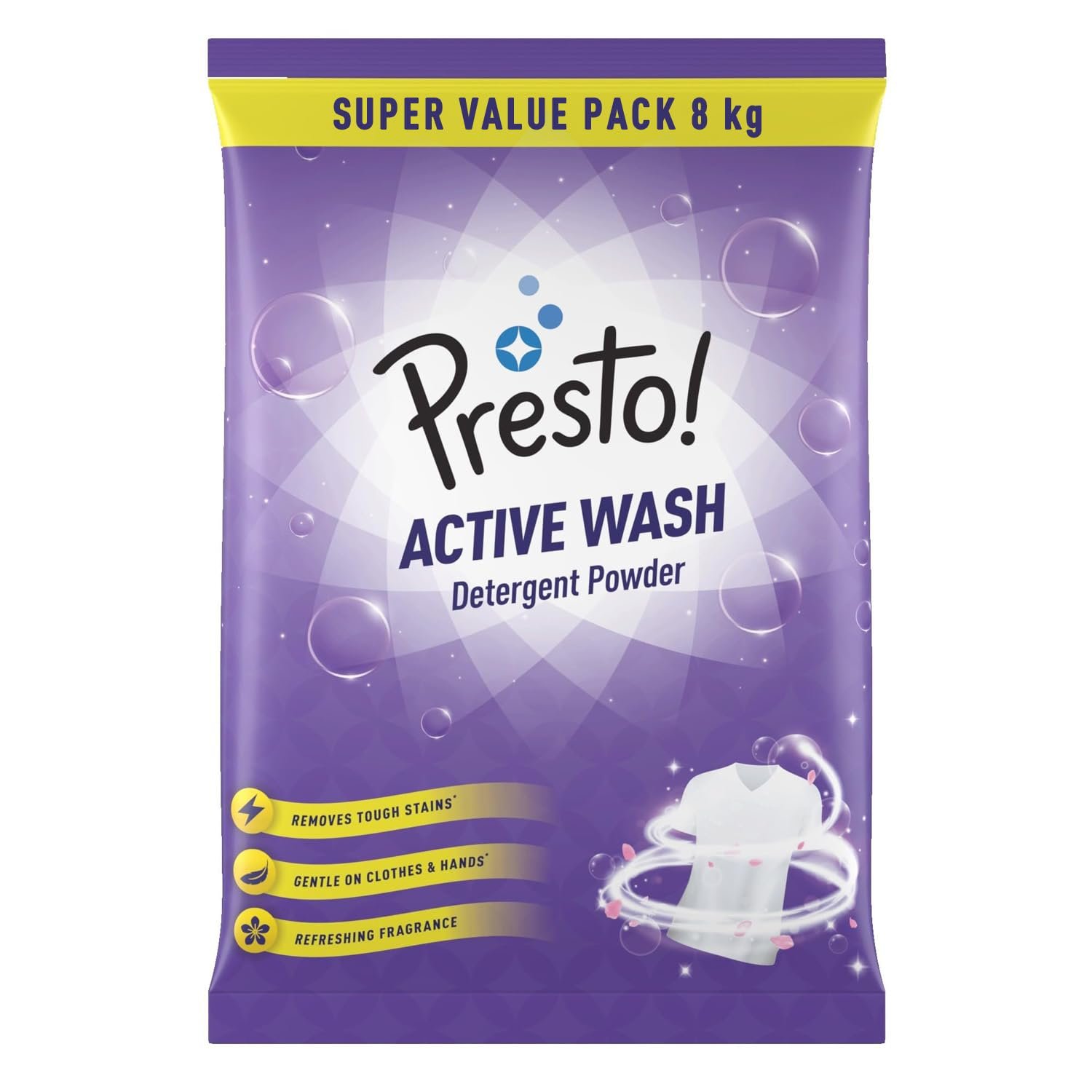 Amazon Brand – Presto! Active Wash Detergent Powder | 8 Kg | Tough On Stains | Gentle On Fabrics | Colour-Safe | Refreshing Fragrance | Machine And Hand Wash