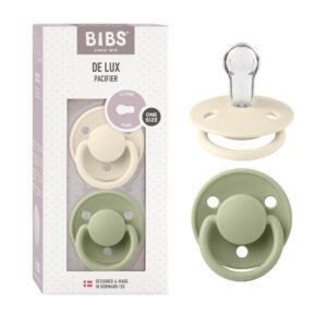 Bibs De Lux Silicone Baby Pacifier – Round & Soft Nipple, Gentle Shield Prevents Skin Irritation & Moisture Buildup, 100% Food Grade, BPA Free Soother, 0-3 Years, Pack of 2, Ivory & Sage