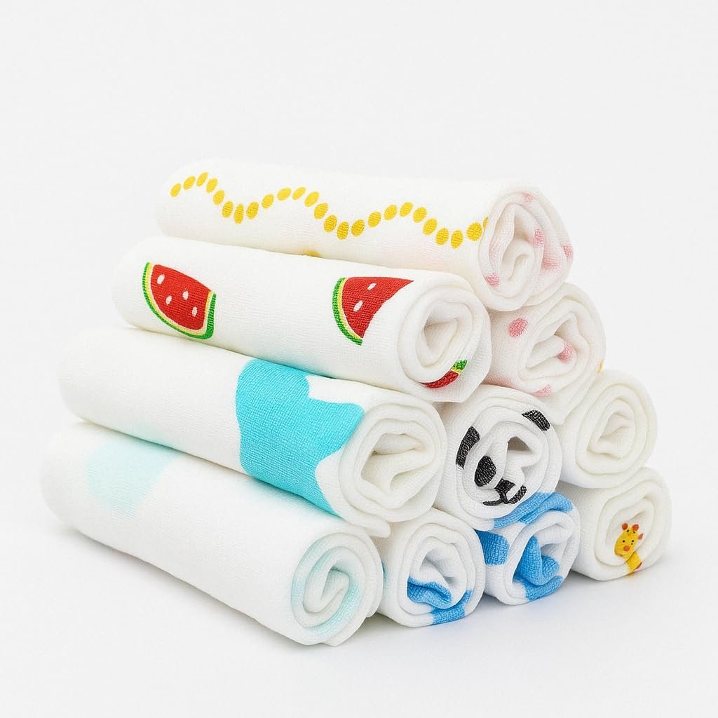 Muslin Baby Washcloths for Newborn – 12×12 Inches Ultra-Soft & Gentle Face Towels – Reusable, Washable Baby Wipes for Sensitive Skin – Unisex – Pack of 10 (Cute Random Prints)
