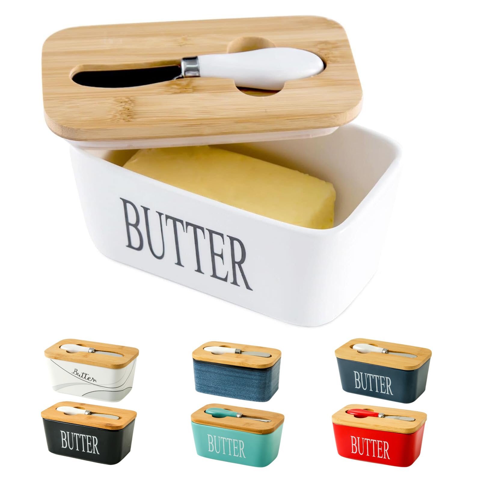 Hasense Ceramic Butter Dish With Lid for Countertop – Covered Holder With Knife for Refrigerator, Airtight Keeper Container Storage With Silicone Sealing for East West Coast Butter, White