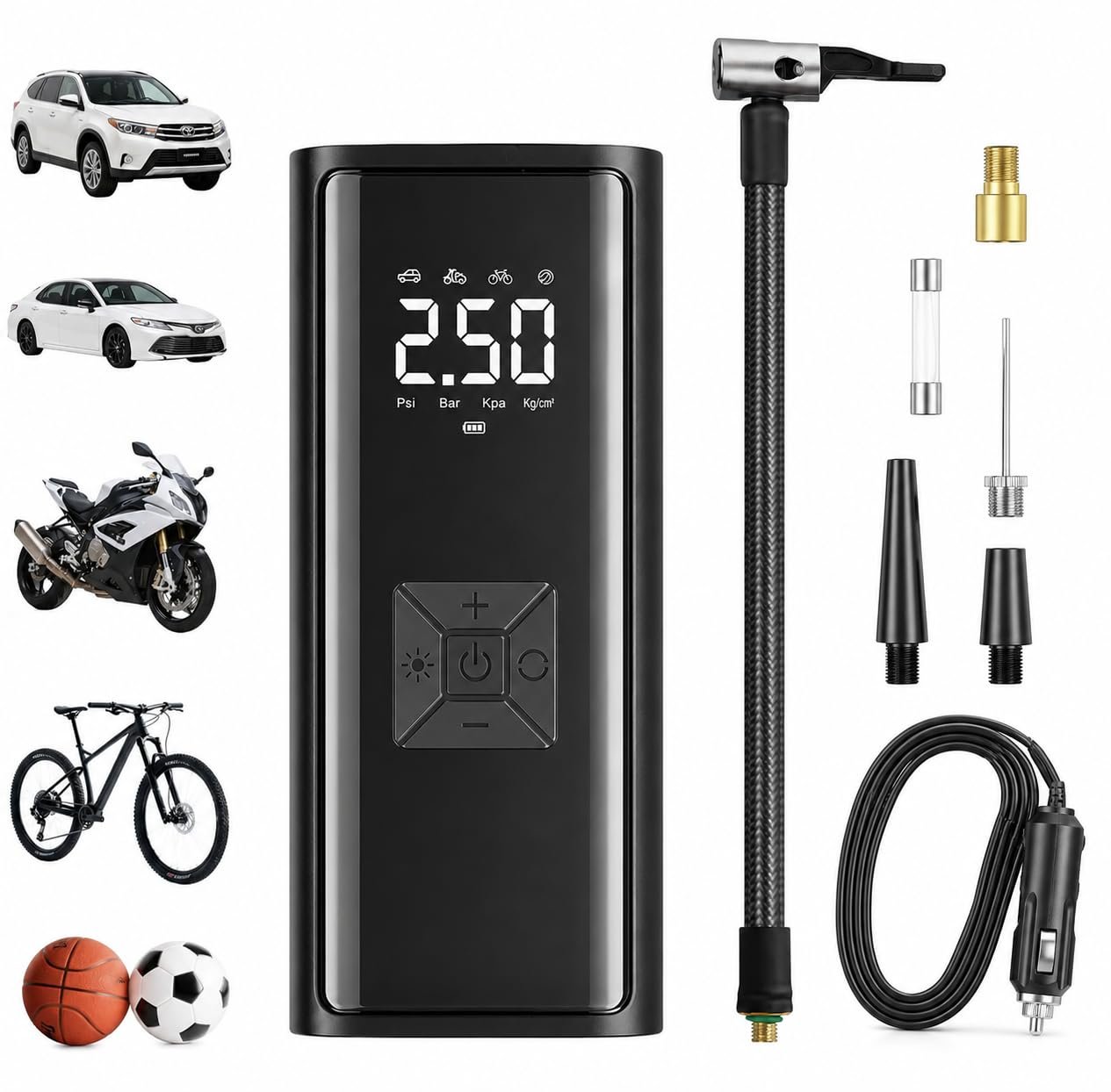 Tyre Inflator for Car and Bike, Upto 150 PSI 12V DC Portable Air Compressor Pump with Digital LED Display, Emergency Light & 4 Preset Modes, Electric Corded Tyre Air Pump for Car