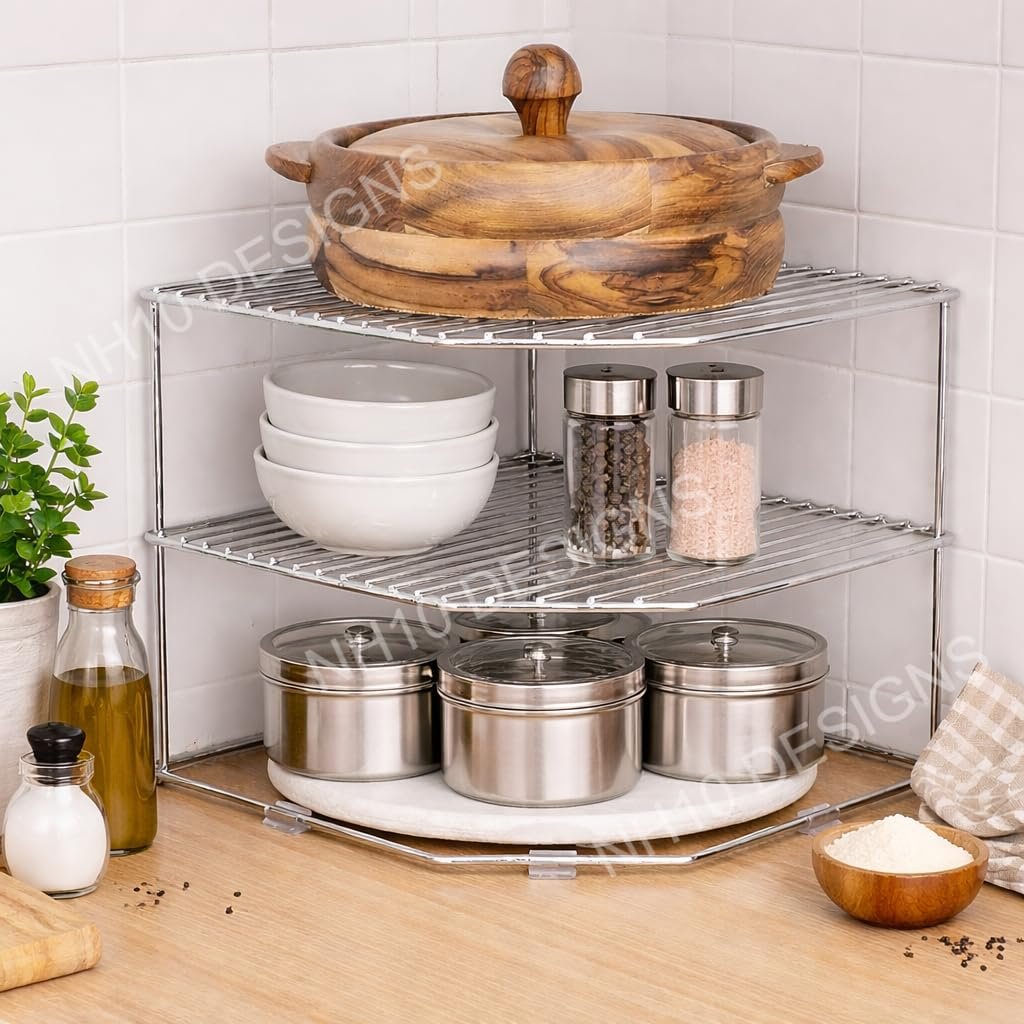 Stainless Steel, Multipurpose Kitchen Organizer Rack Stand Holder 2 Tier kitchen rack stand for Corners (NHSP)